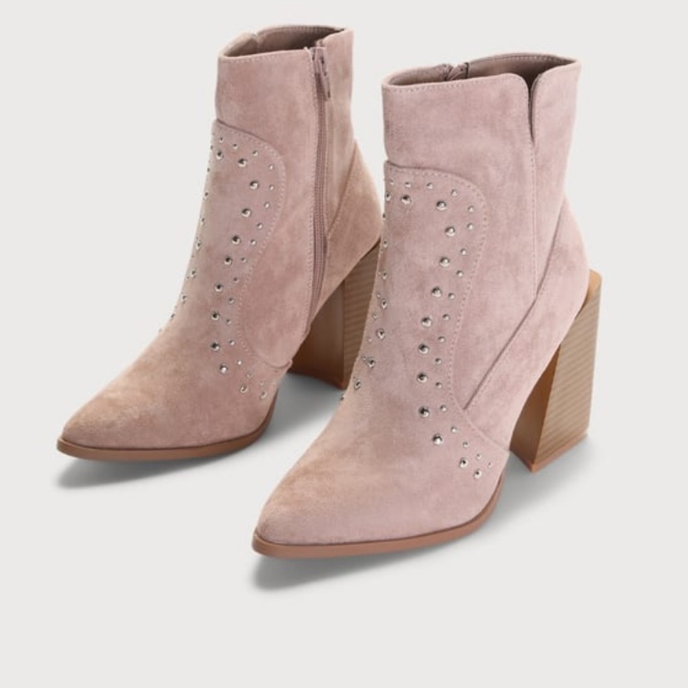 Lulu’s Blonby Taupe Suede Studded Ankle Booties